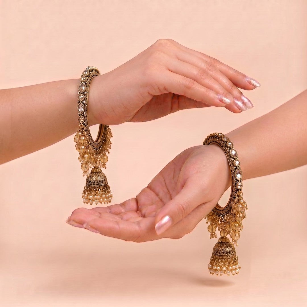 Shrikaa Antique Gold Beaded Cascade Jhumka Bangles - View 2