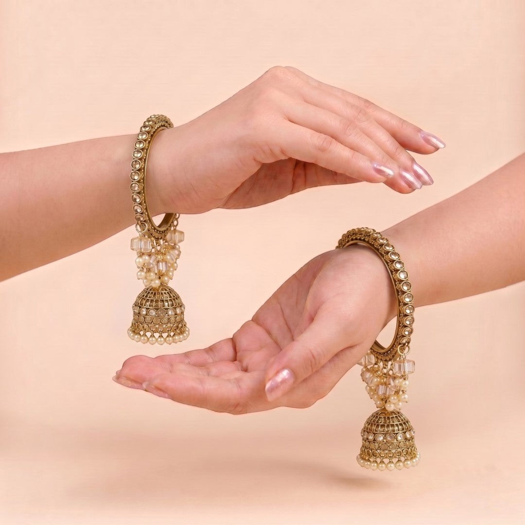 Shrikaa Antique Gold Crystal Bead Jhumka Bangles - View 2