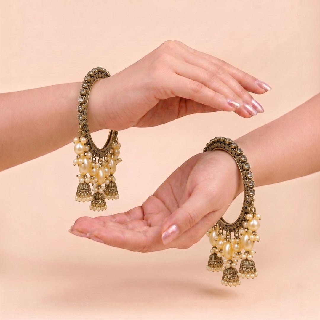 Shrikaa Antique Gold Triple Jhumka Cluster Bangles - View 2