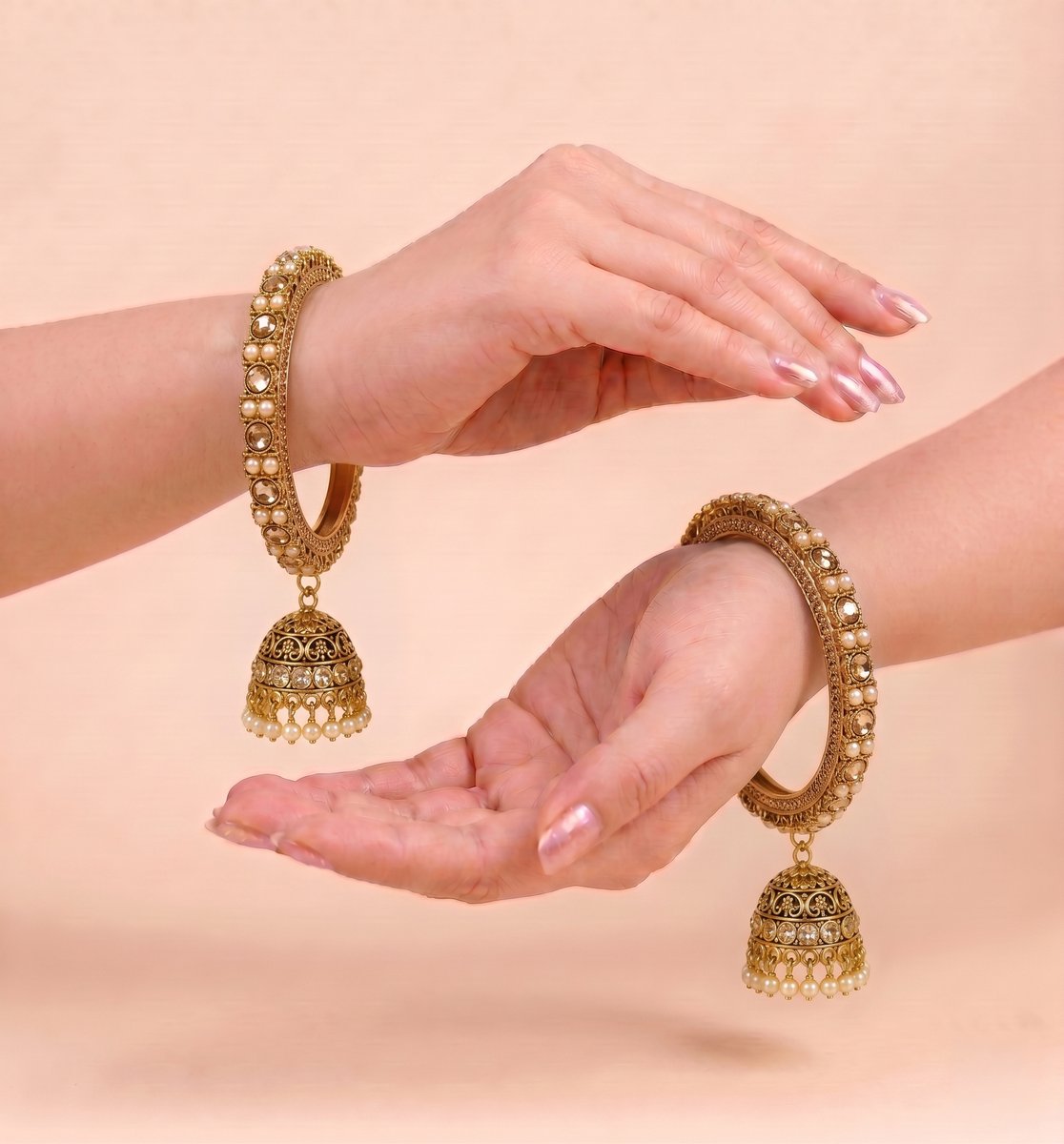Shrikaa Antique Gold Carved Dome Jhumka Bangle Set