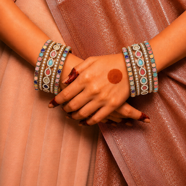 Shrikaa Multicolor Stone Bangles – Traditional Party Wear - worn view