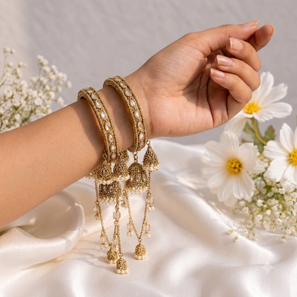 Shrikaa Antique Gold Multi-Chain Jhumka Bangles
