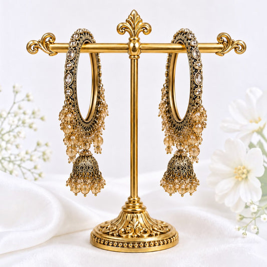 Shrikaa Antique Gold Beaded Cascade Jhumka Bangles - View 1