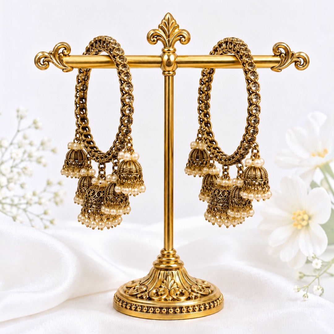 Shrikaa Antique Gold Chain Link Triple Jhumka Bangles - View 1