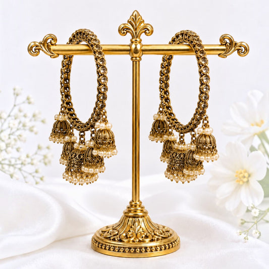 Shrikaa Antique Gold Chain Link Triple Jhumka Bangles - View 1