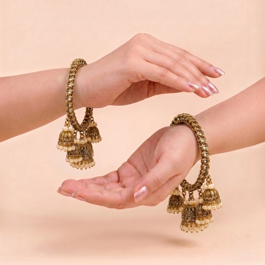 Shrikaa Antique Gold Chain Link Triple Jhumka Bangles - View 2