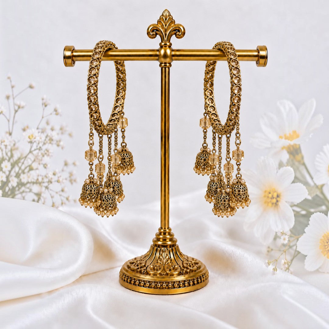 Shrikaa Antique Gold Crystal Cube Tassel Jhumka Bangles - View 1