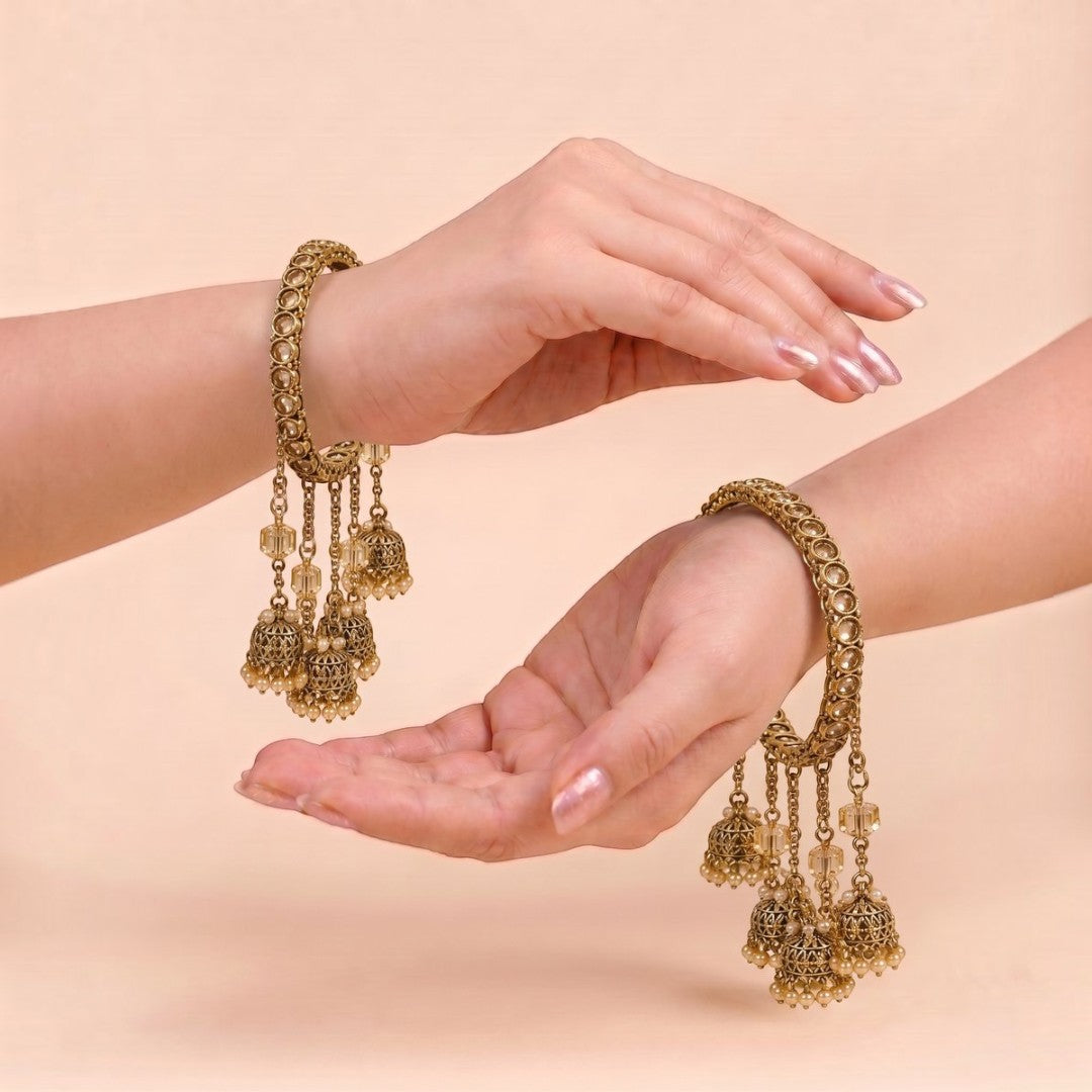 Shrikaa Antique Gold Crystal Cube Tassel Jhumka Bangles - View 2