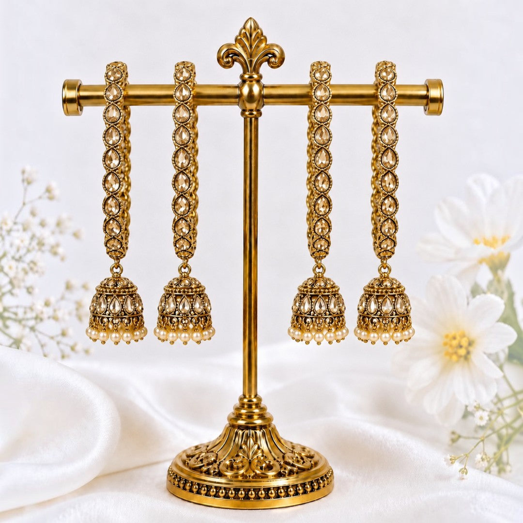 Shrikaa Antique Gold Crystal Drop Jhumka Bangle Set - View 1