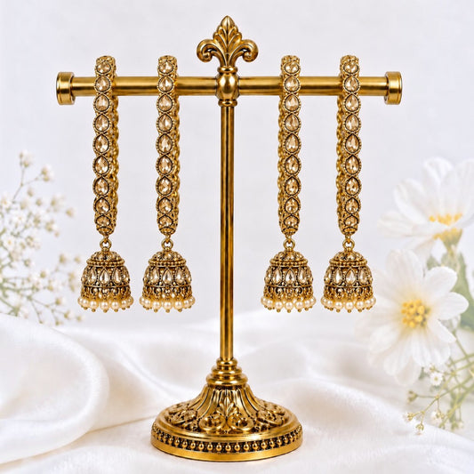 Shrikaa Antique Gold Crystal Drop Jhumka Bangle Set - View 1