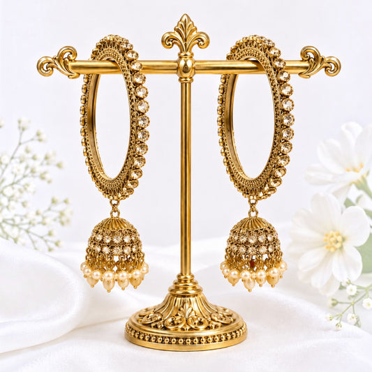 Shrikaa Antique Gold Crystal Halo Jhumka Bangles - View 1