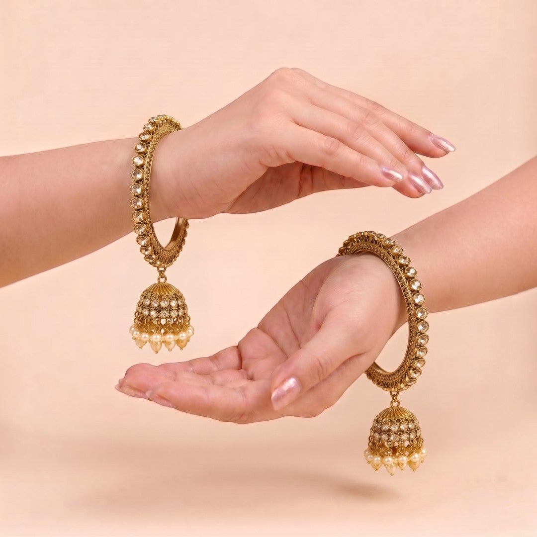 Shrikaa Antique Gold Crystal Halo Jhumka Bangles - View 2