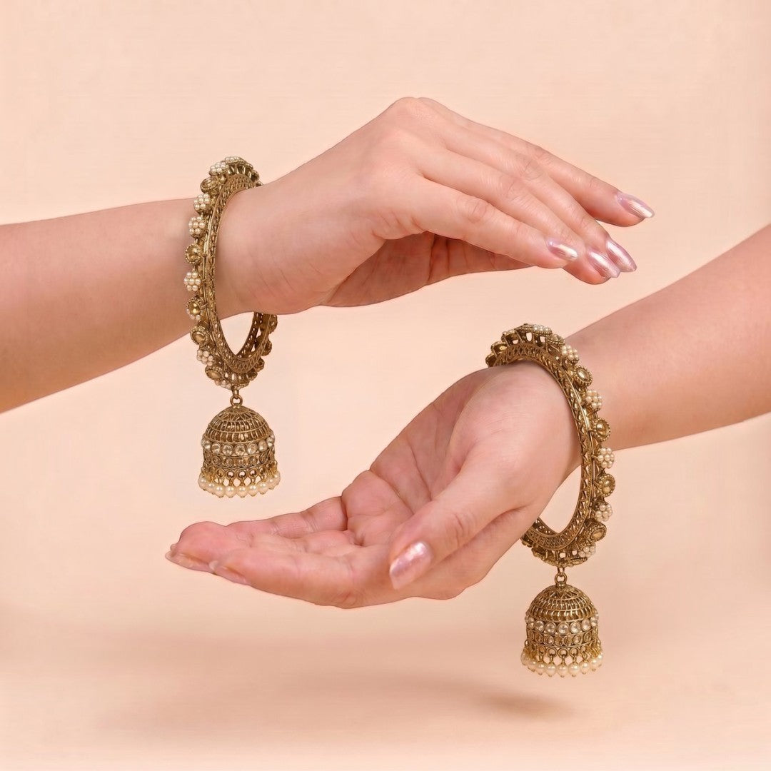 Shrikaa Antique Gold Filigree Lace Jhumka Bangles - View 2