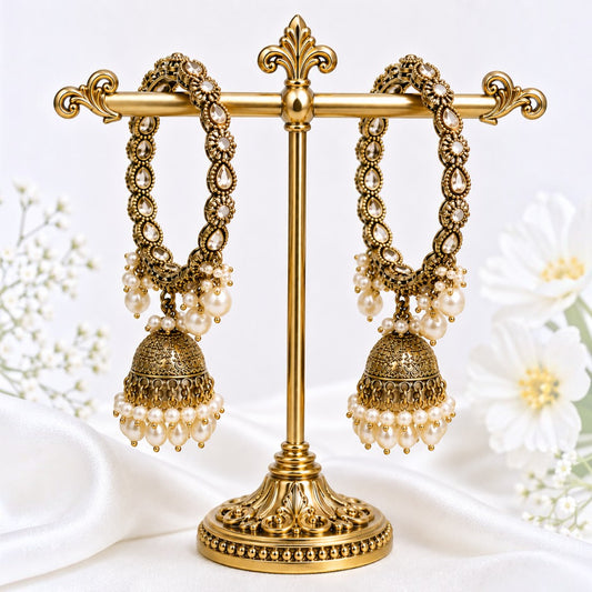 Shrikaa Antique Gold Floral Kundan Jhumka Bangles - View 1