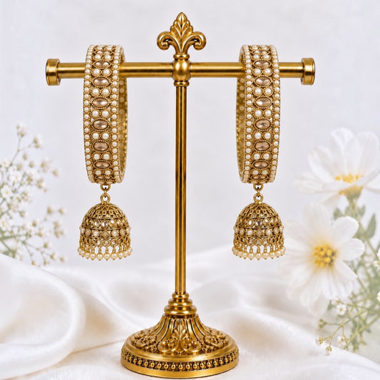 Shrikaa Antique Gold Kundan Bangle Jhumka Earrings - View 1