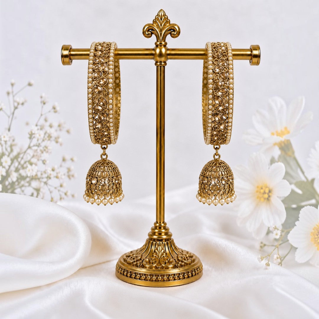 Shrikaa Antique Gold Kundan Studded Jhumka Bangles - View 1