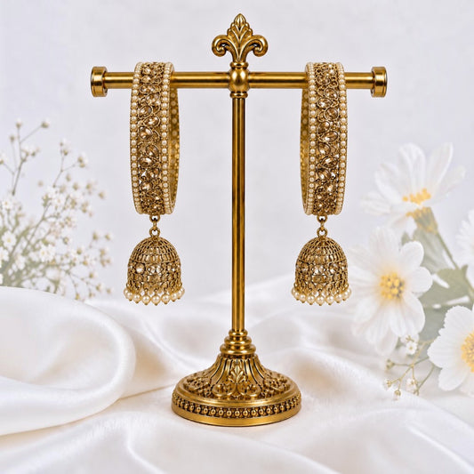 Shrikaa Antique Gold Kundan Studded Jhumka Bangles - View 1