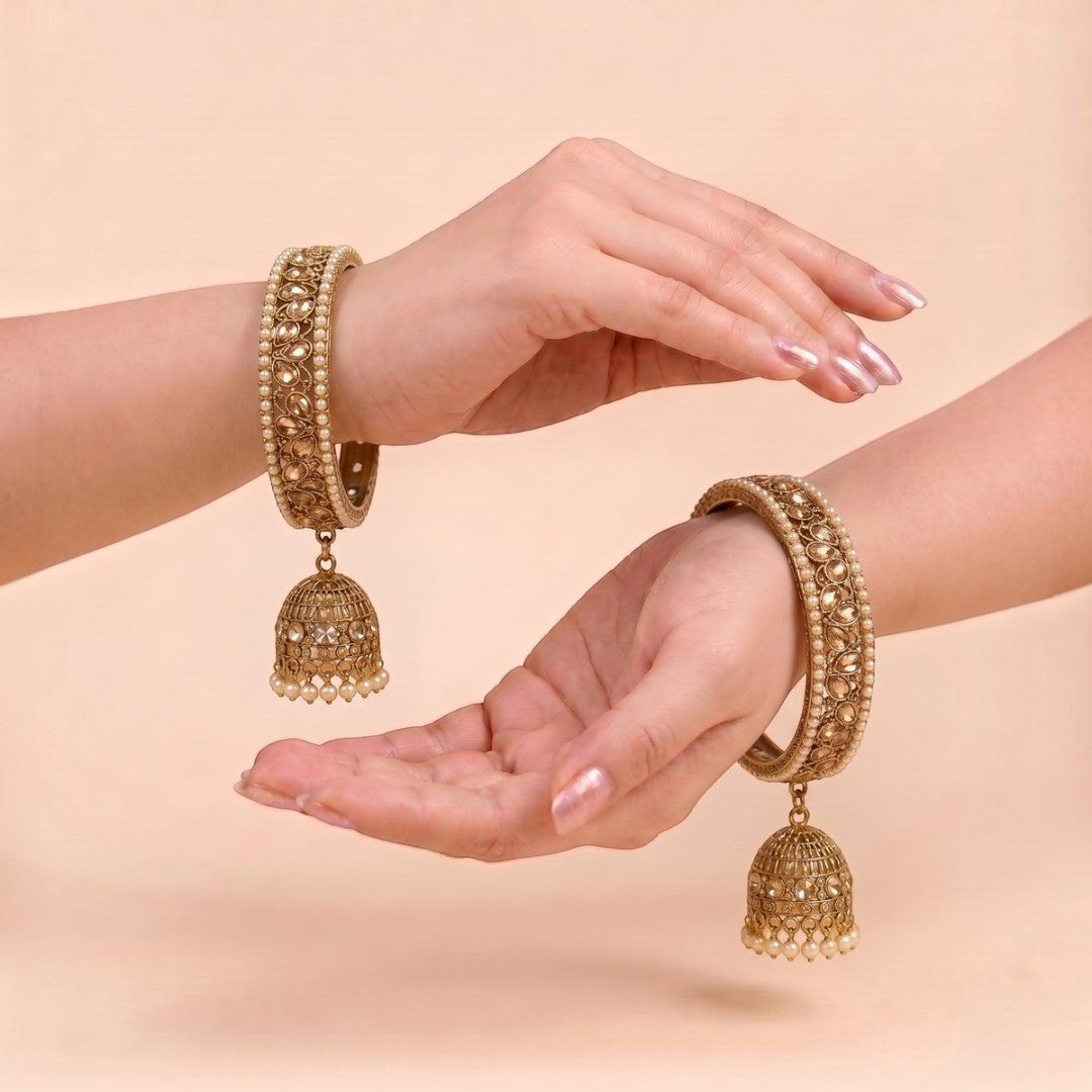 Shrikaa Antique Gold Kundan Studded Jhumka Bangles - View 2