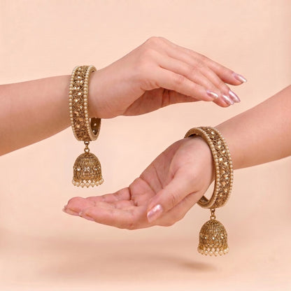 Shrikaa Antique Gold Kundan Studded Jhumka Bangles - View 2