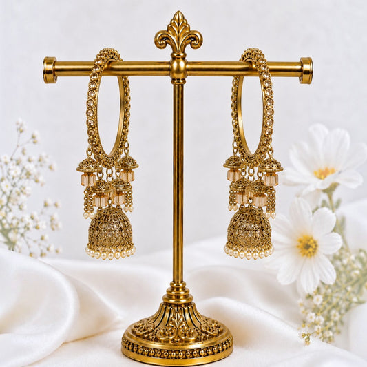 Shrikaa Antique Gold Layered Crystal Jhumka Bangles - View 1