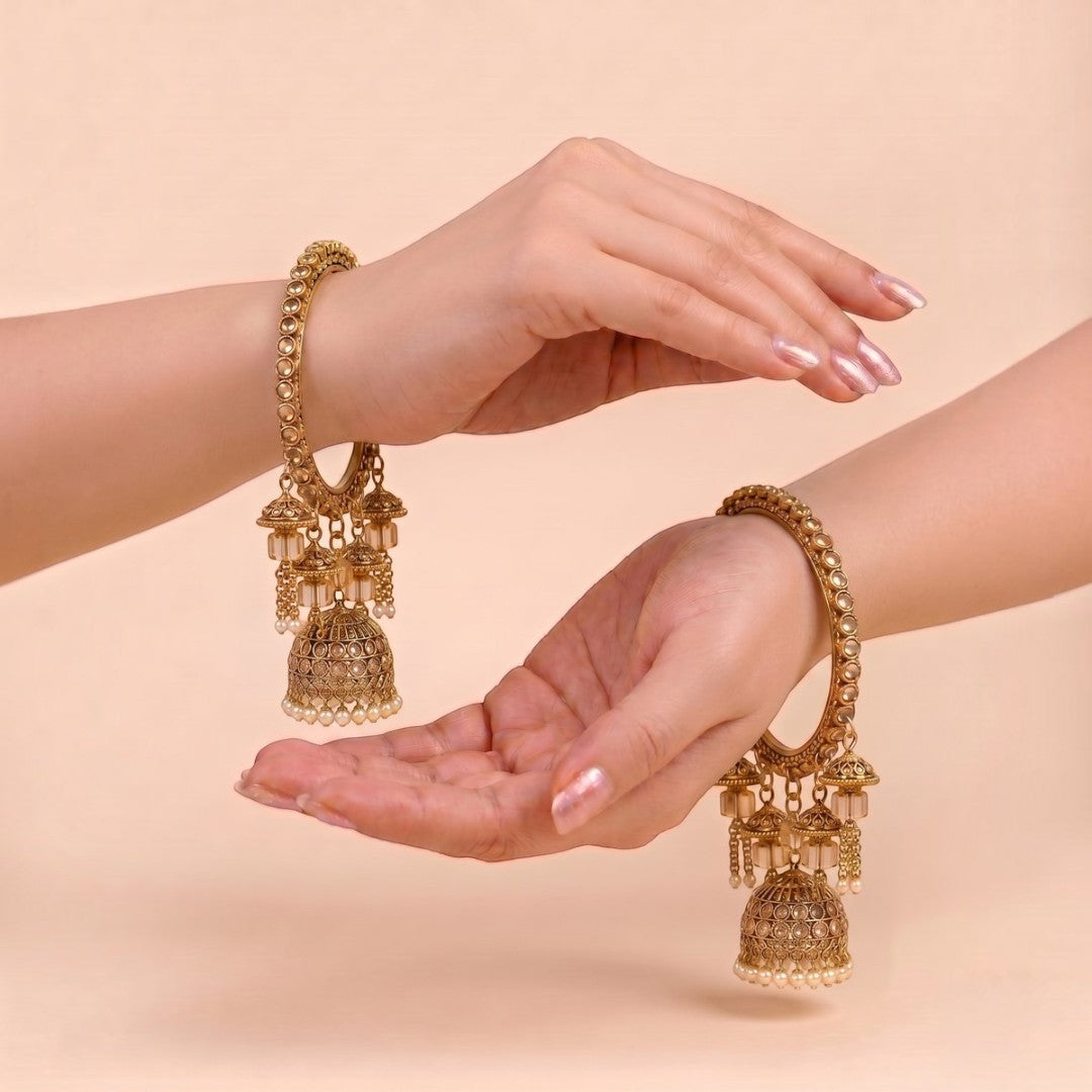 Shrikaa Antique Gold Layered Crystal Jhumka Bangles - View 2