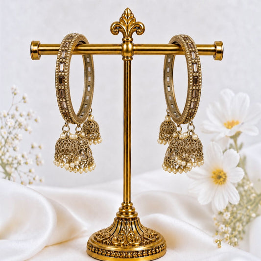 Shrikaa Antique Gold Mirror Work Double Jhumka Bangles - View 1