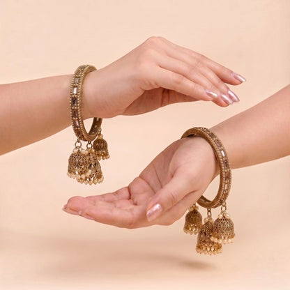 Shrikaa Antique Gold Mirror Work Double Jhumka Bangles - View 2