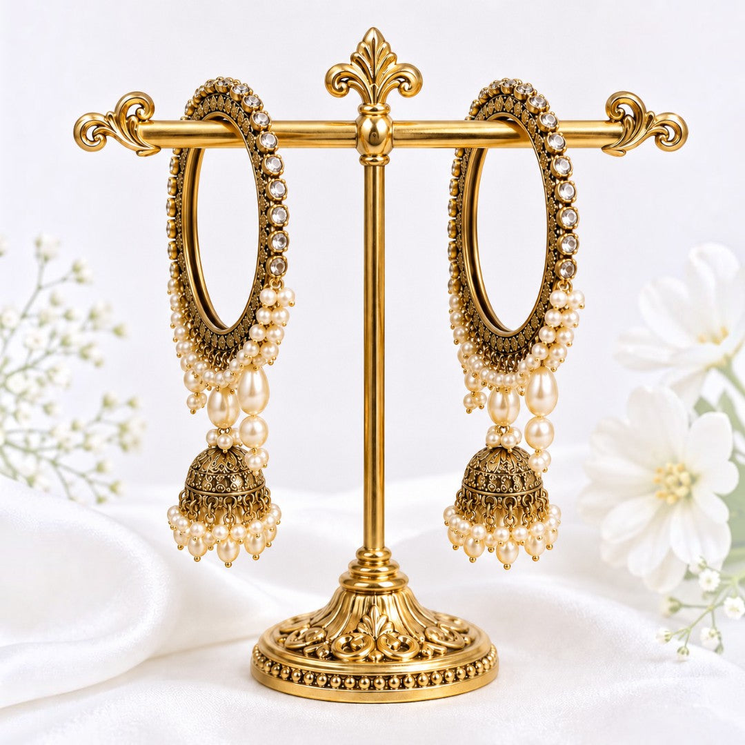 Shrikaa Antique Gold Oval Pearl Drop Jhumka Bangles - View 1
