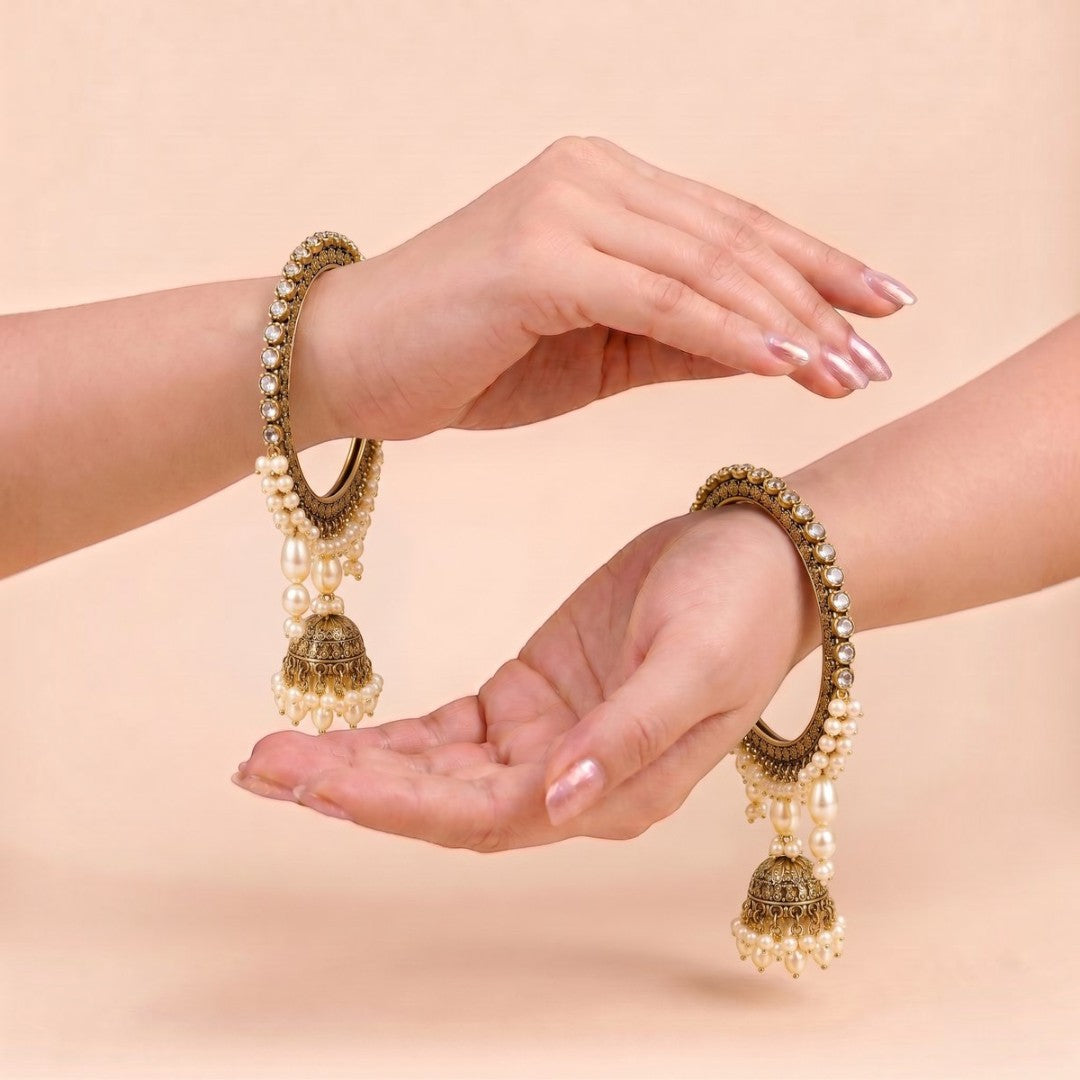 Shrikaa Antique Gold Oval Pearl Drop Jhumka Bangles - View 2