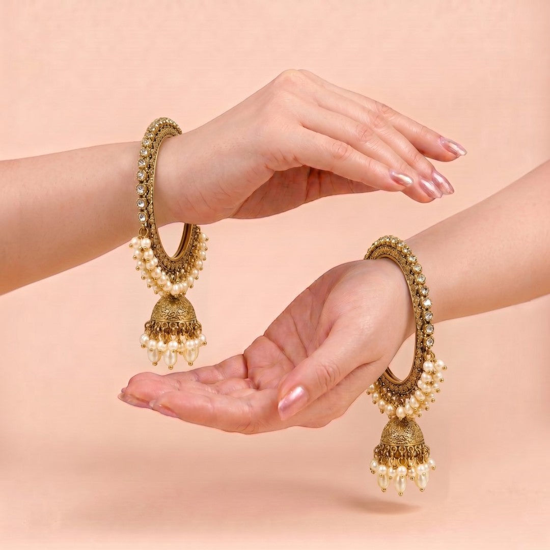 Shrikaa Antique Gold Studded Dome Jhumka Bangles - View 2