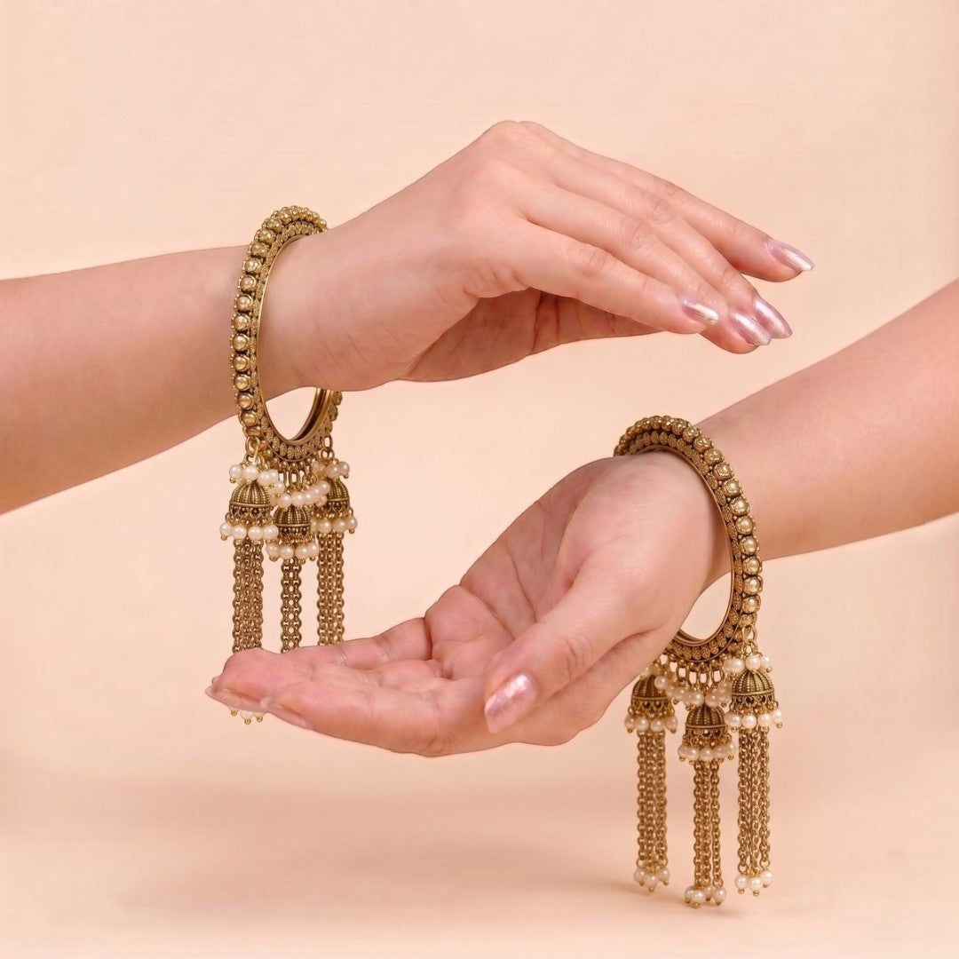 Shrikaa Antique Gold Tassel Chain Jhumka Bangles - View 2