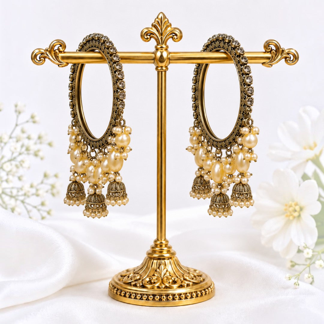 Shrikaa Antique Gold Triple Jhumka Cluster Bangles - View 1