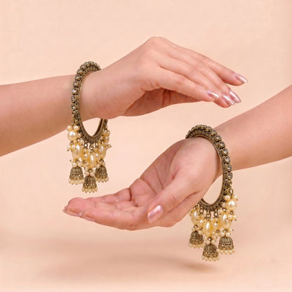 Shrikaa Antique Gold Triple Jhumka Cluster Bangles - View 2