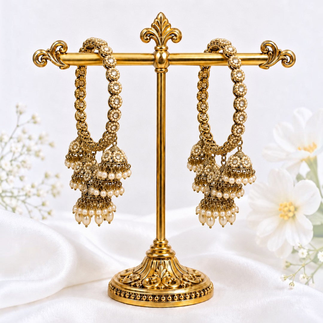 Shrikaa Antique Gold Triple Tier Pearl Jhumka Bangles - View 1