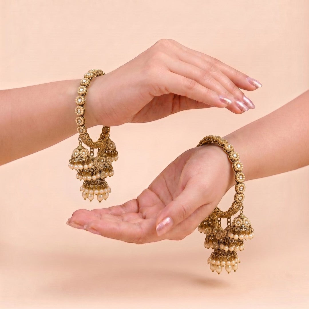 Shrikaa Antique Gold Triple Tier Pearl Jhumka Bangles - View 2