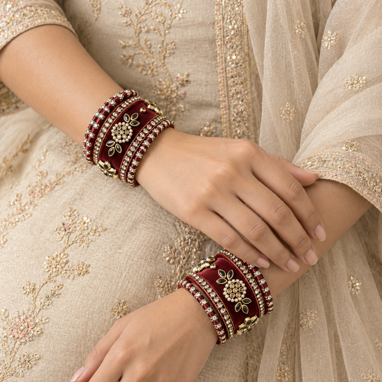 Shrikaa Velvet Bangles - Heritage - worn view 1