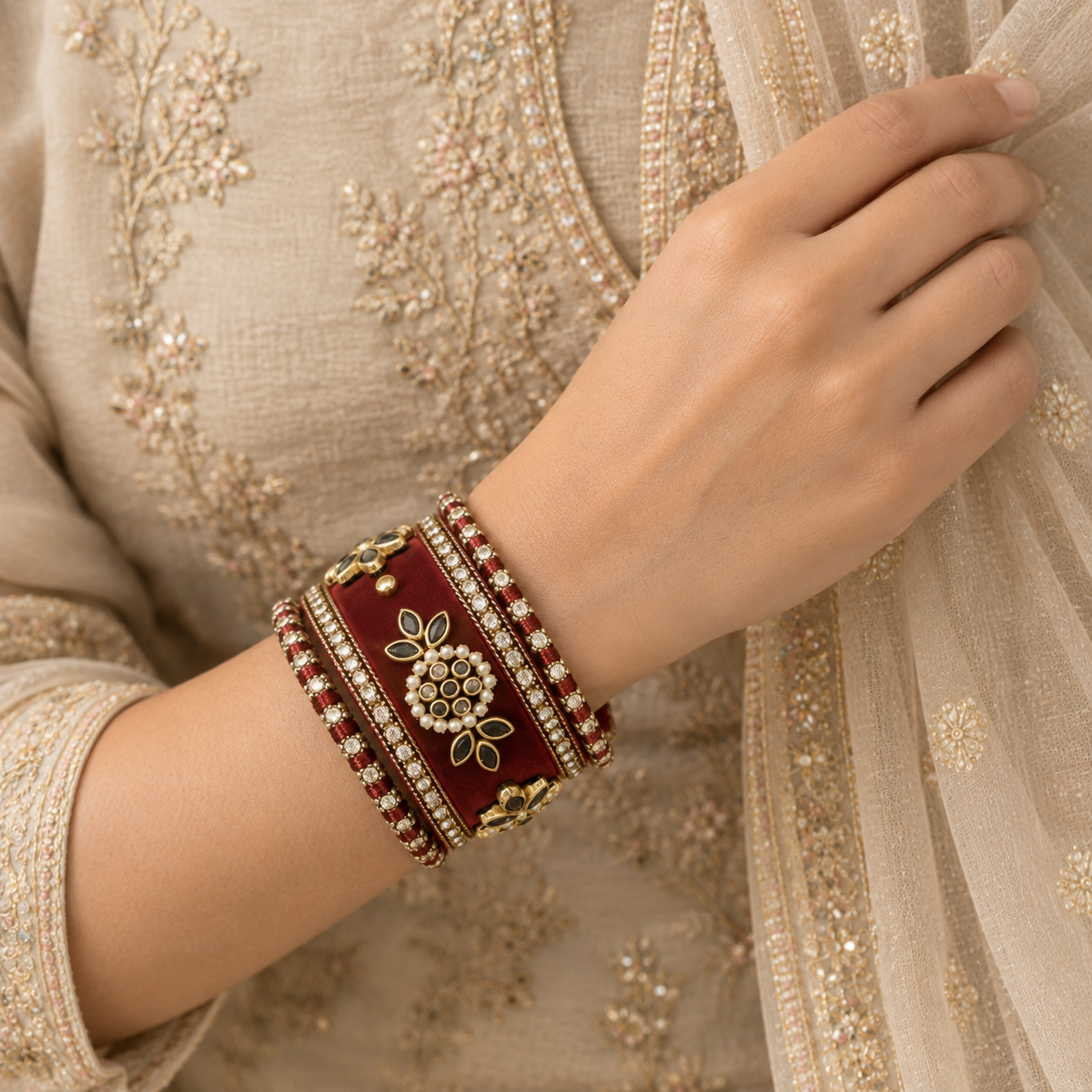 Shrikaa Velvet Bangles - Heritage - worn view 2