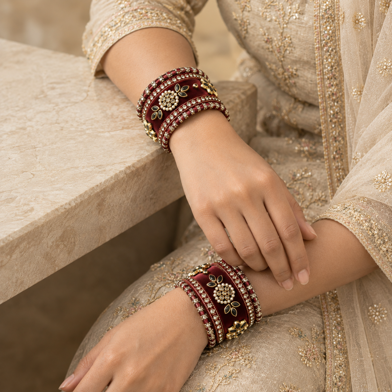 Shrikaa Velvet Bangles - Heritage - worn view 3